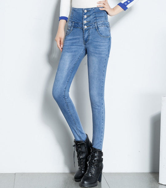 Dames Jeans met Dubbele Knopen en Hoge Taille