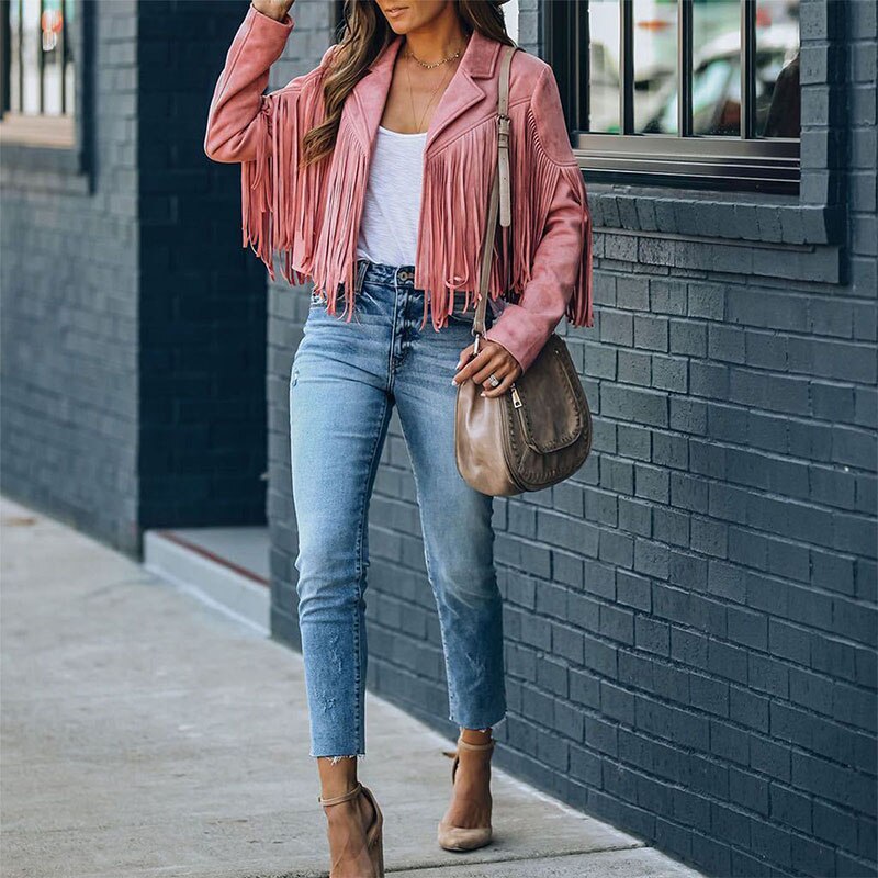 Suède Jas met Franjes Dames – Western Stijl Fringe Jacket in Zacht Imitatieleer