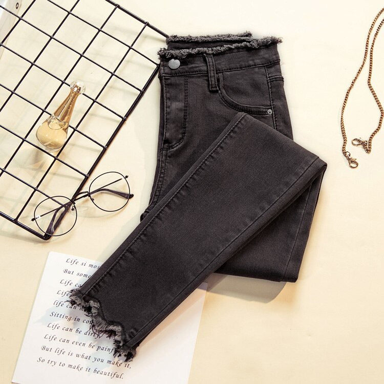 Damesjeans met franjes en hoge taille