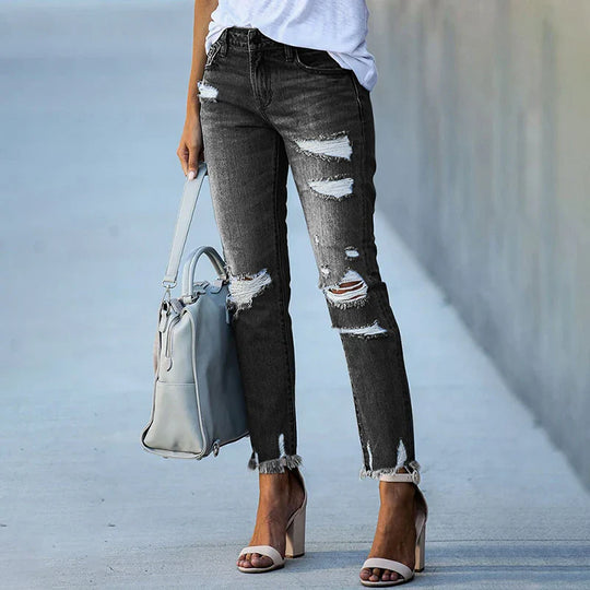 Dames Versleten Capri Jeans met Franje