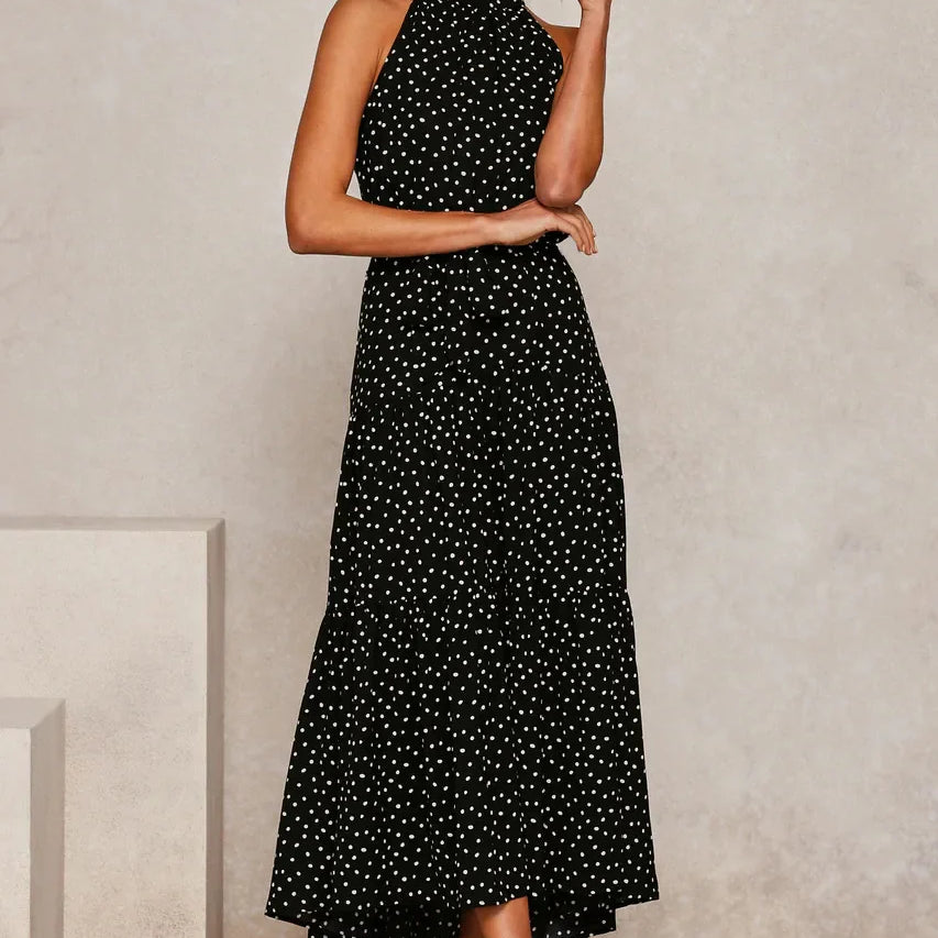 Elegante Midi Jurk met Stipjes en Halsband