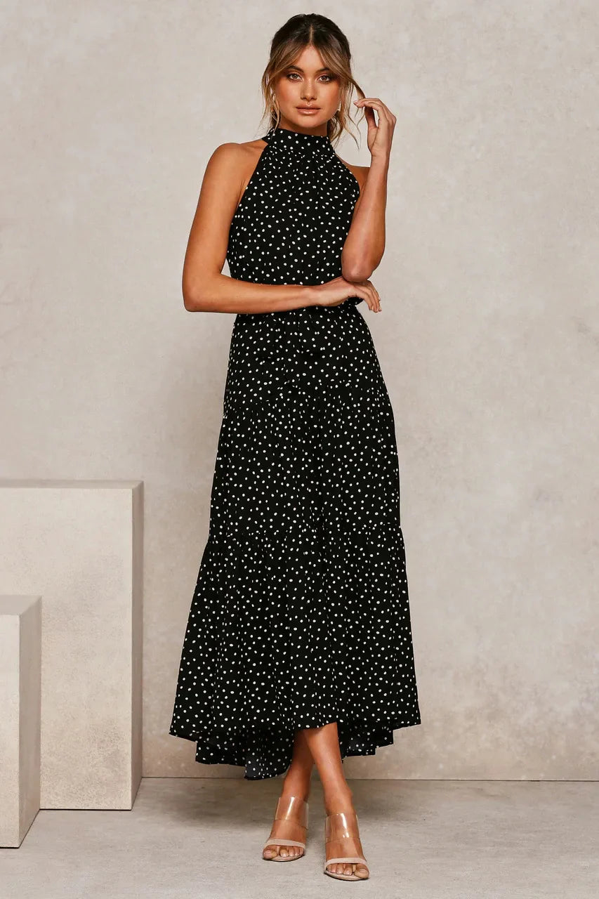 Elegante Midi Jurk met Stipjes en Halsband