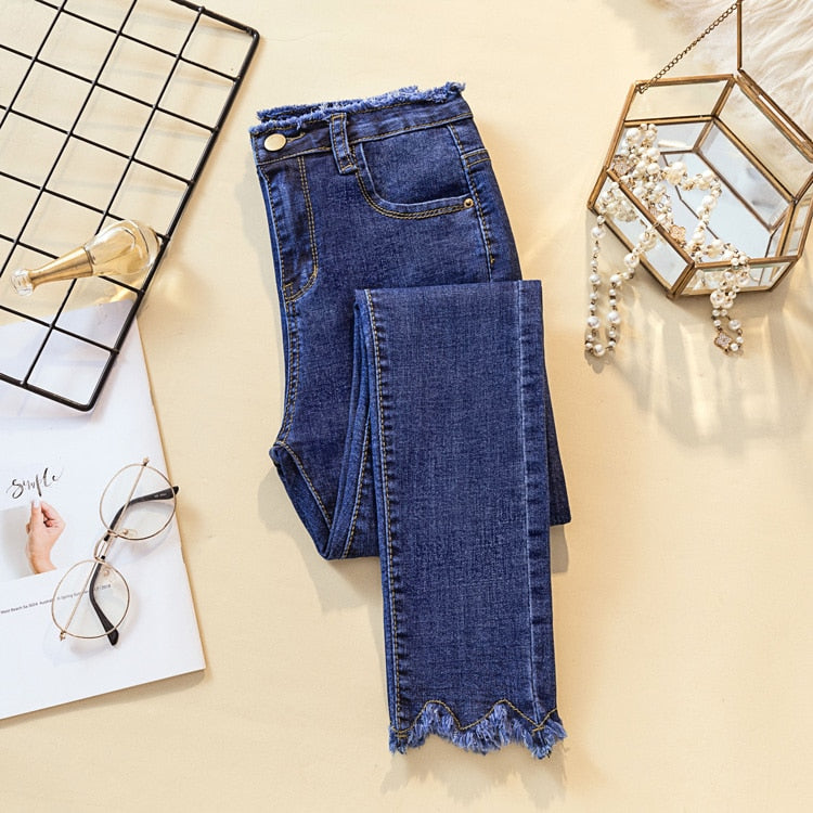 Damesjeans met franjes en hoge taille