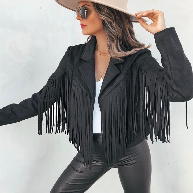 Suède Jas met Franjes Dames – Western Stijl Fringe Jacket in Zacht Imitatieleer