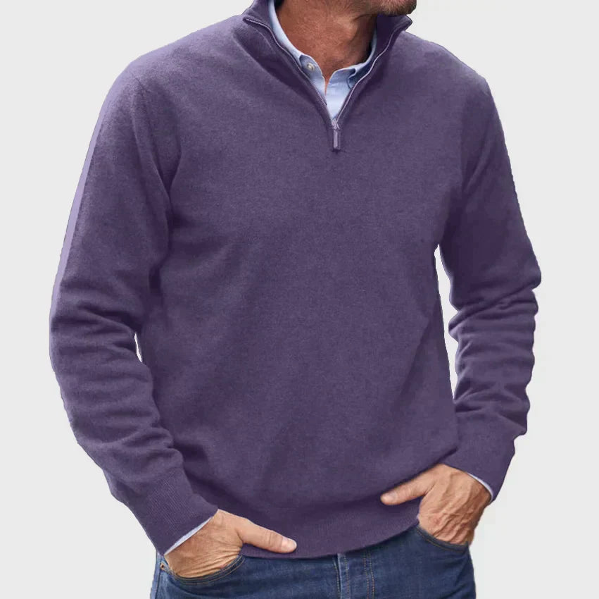 Heren Half-Zip Gebreide Trui met Staande Kraag en Geribbelde Mouwen