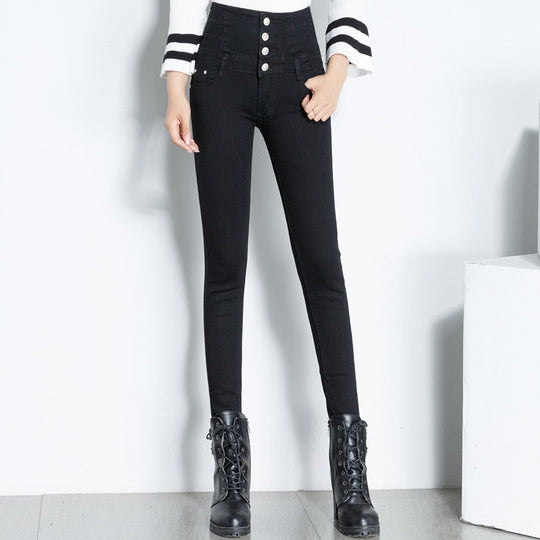 Dames Jeans met Dubbele Knopen en Hoge Taille