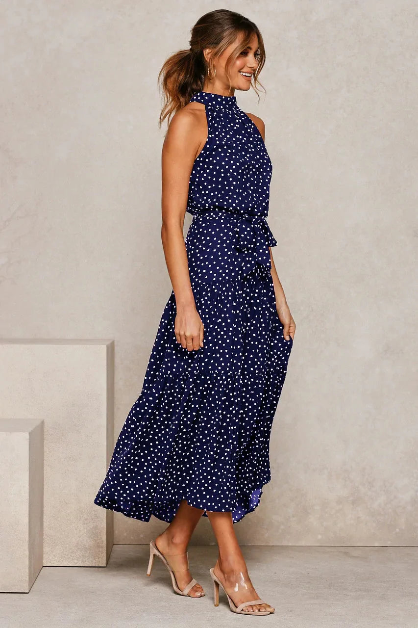 Elegante Midi Jurk met Stipjes en Halsband