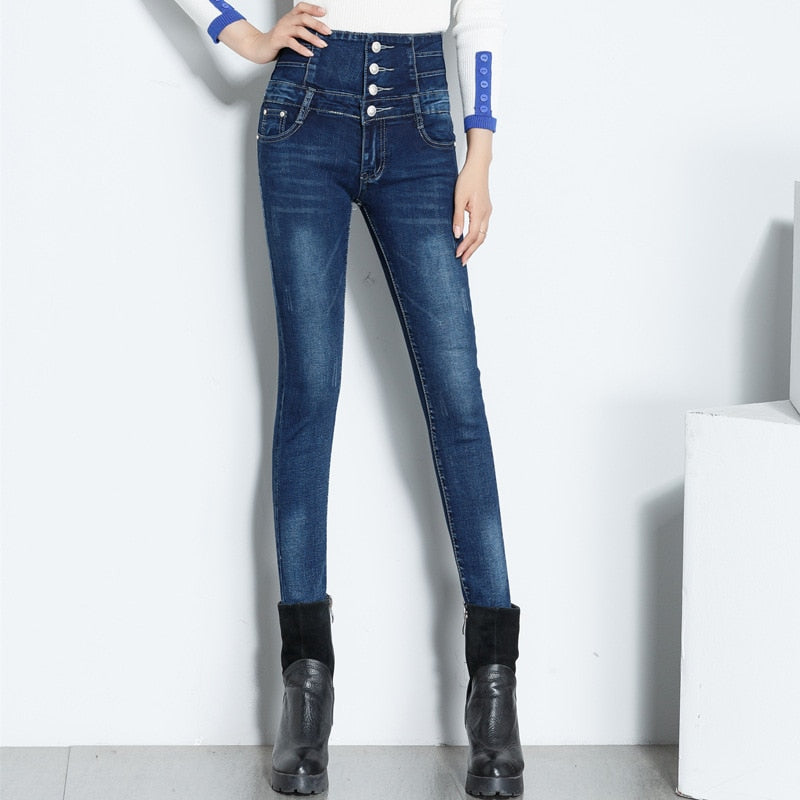 Dames Jeans met Dubbele Knopen en Hoge Taille