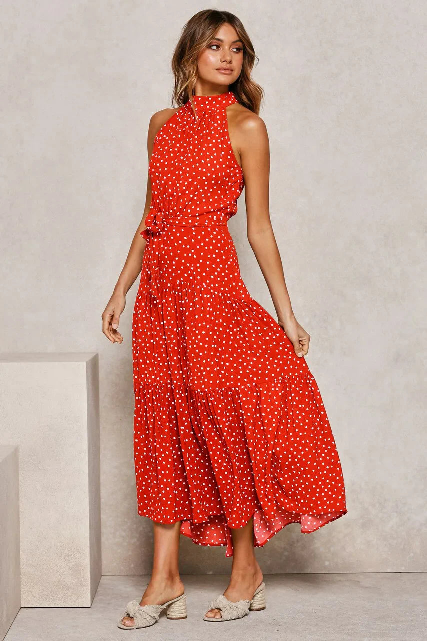 Elegante Midi Jurk met Stipjes en Halsband