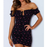 Mini-jurk met Bloemenprint, Ontblootte Schouders en Strik