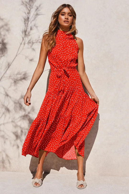 Elegante Midi Jurk met Stipjes en Halsband