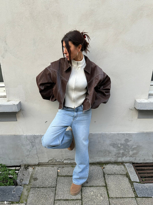 Oversized Leren Jas Dames – Trendy Semi-Leren Jacket met Rechte Pasvorm en Knoopsluiting