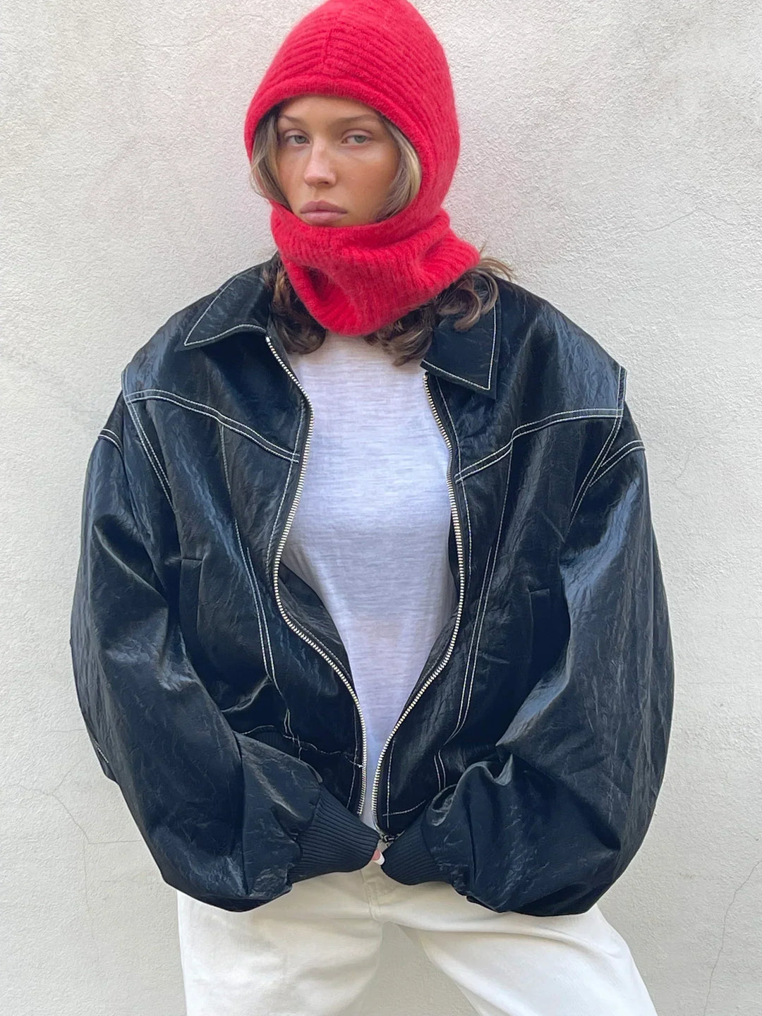 Oversized Leren Jas Dames – Trendy Semi-Leren Jacket met Rechte Pasvorm en Knoopsluiting