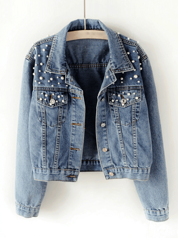 Oversized Jeansjack met Strass-Parels en Reverskraag | Casual en Modern