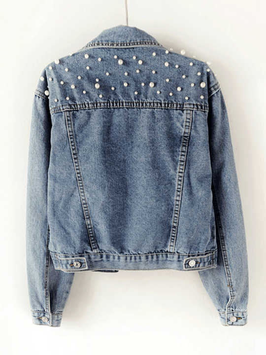 Oversized Jeansjack met Strass-Parels en Reverskraag | Casual en Modern