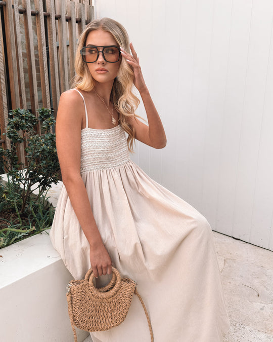 Dames | Maxi Jurk | Spaghettibandjes | Vierkante Hals | Smock Lijfje | A-lijn Rok | Zijzak | Comfortabel