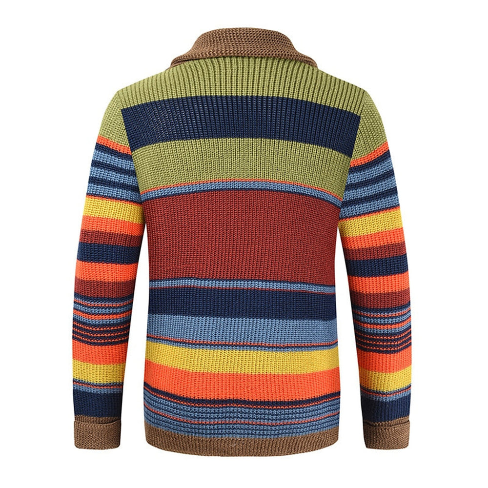 Heren Retro Gestreepte Gebreide Cardigan met Sjaalkraag en Knopenfront