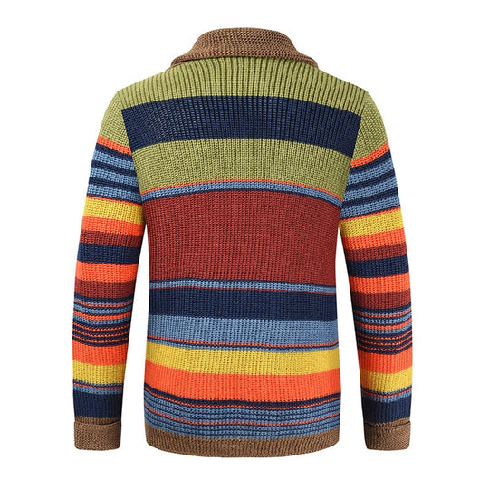 Heren Retro Gestreepte Gebreide Cardigan met Sjaalkraag en Knopenfront