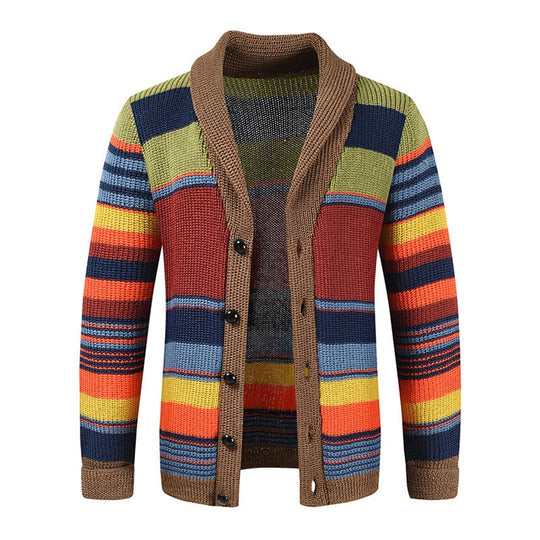 Heren Retro Gestreepte Gebreide Cardigan met Sjaalkraag en Knopenfront