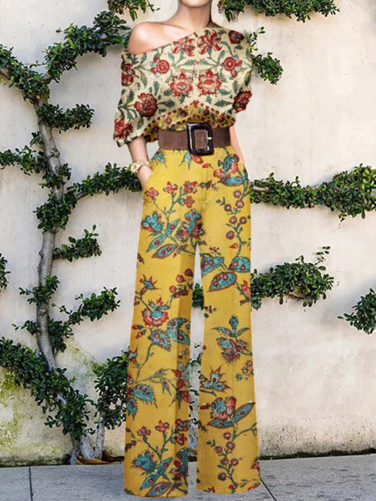 Dames Eén Schouder Wijde Pijpen Jumpsuit met Artistiek Print Ontwerp