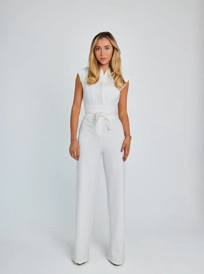 Dames Mouwloze Jumpsuit met Brede Pijpen en Gedrapeerde Halslijn