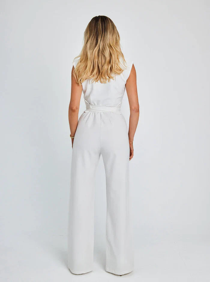 Dames Mouwloze Jumpsuit met Brede Pijpen en Gedrapeerde Halslijn