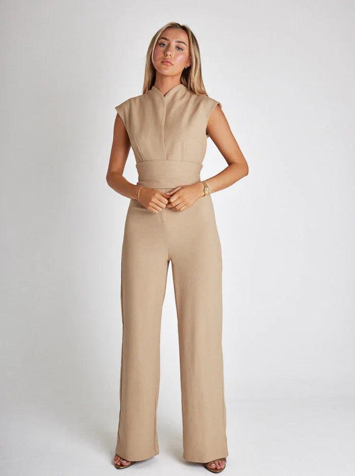 Dames Mouwloze Jumpsuit met Brede Pijpen en Gedrapeerde Halslijn