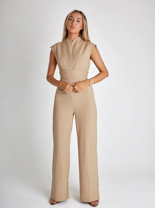Dames Mouwloze Jumpsuit met Brede Pijpen en Gedrapeerde Halslijn