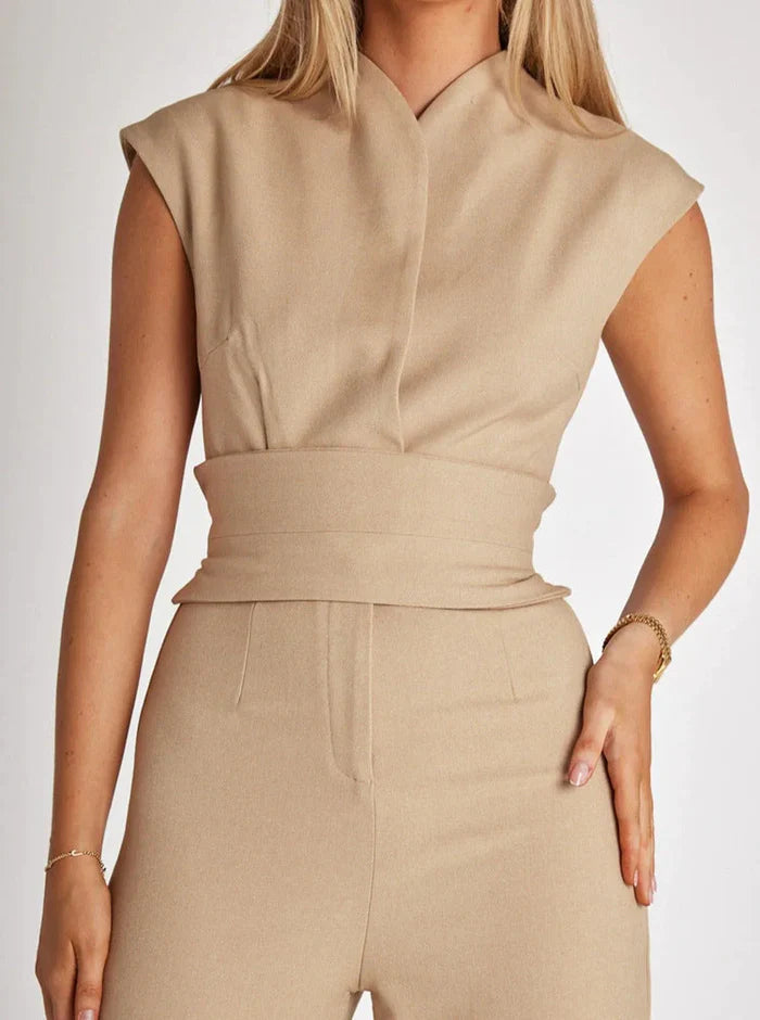 Dames Mouwloze Jumpsuit met Brede Pijpen en Gedrapeerde Halslijn