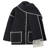 Dames Jas met Sjaalkraag | Herfst en Winter Jas | Wollook Met Zakken en Knopen