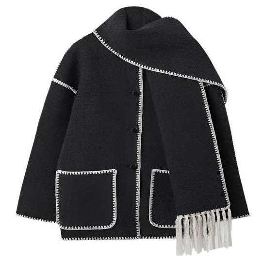 Dames Jas met Sjaalkraag | Herfst en Winter Jas | Wollook Met Zakken en Knopen