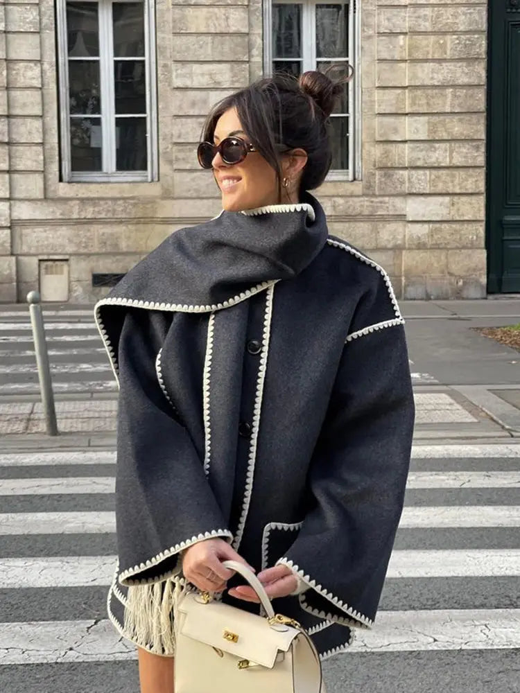 Dames Jas met Sjaalkraag | Herfst en Winter Jas | Wollook Met Zakken en Knopen