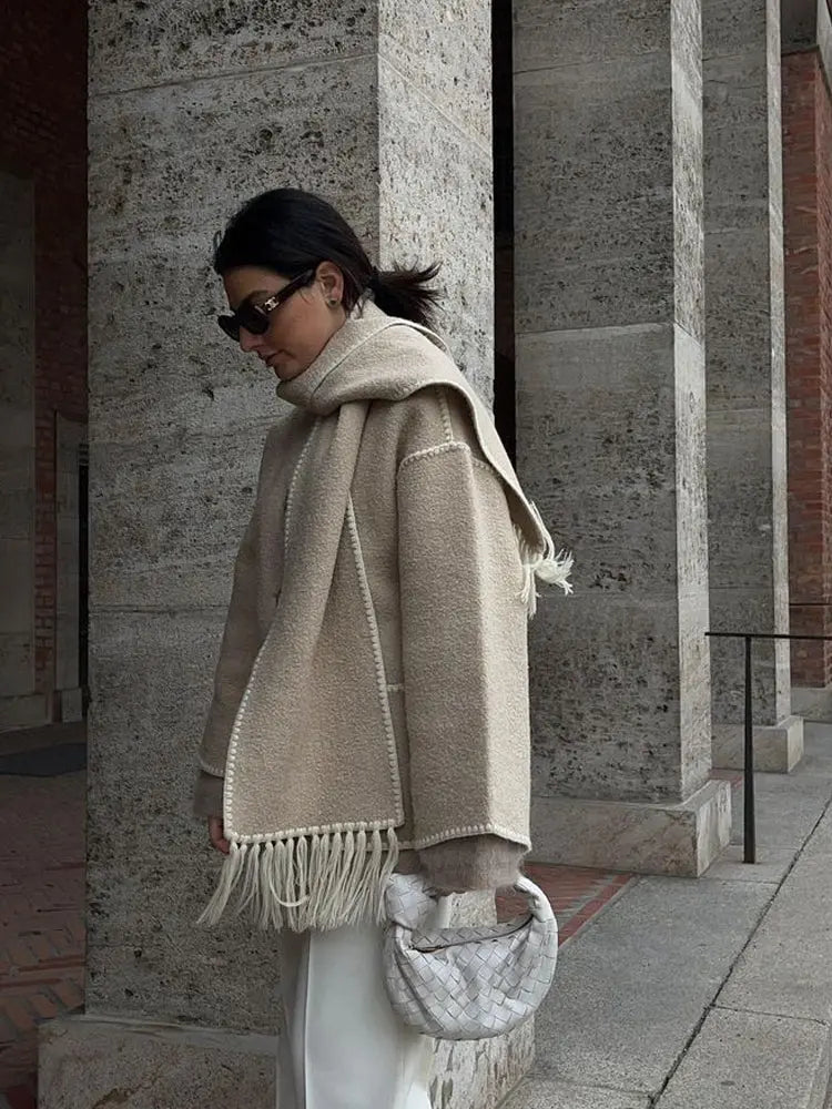Dames Jas met Sjaalkraag | Herfst en Winter Jas | Wollook Met Zakken en Knopen