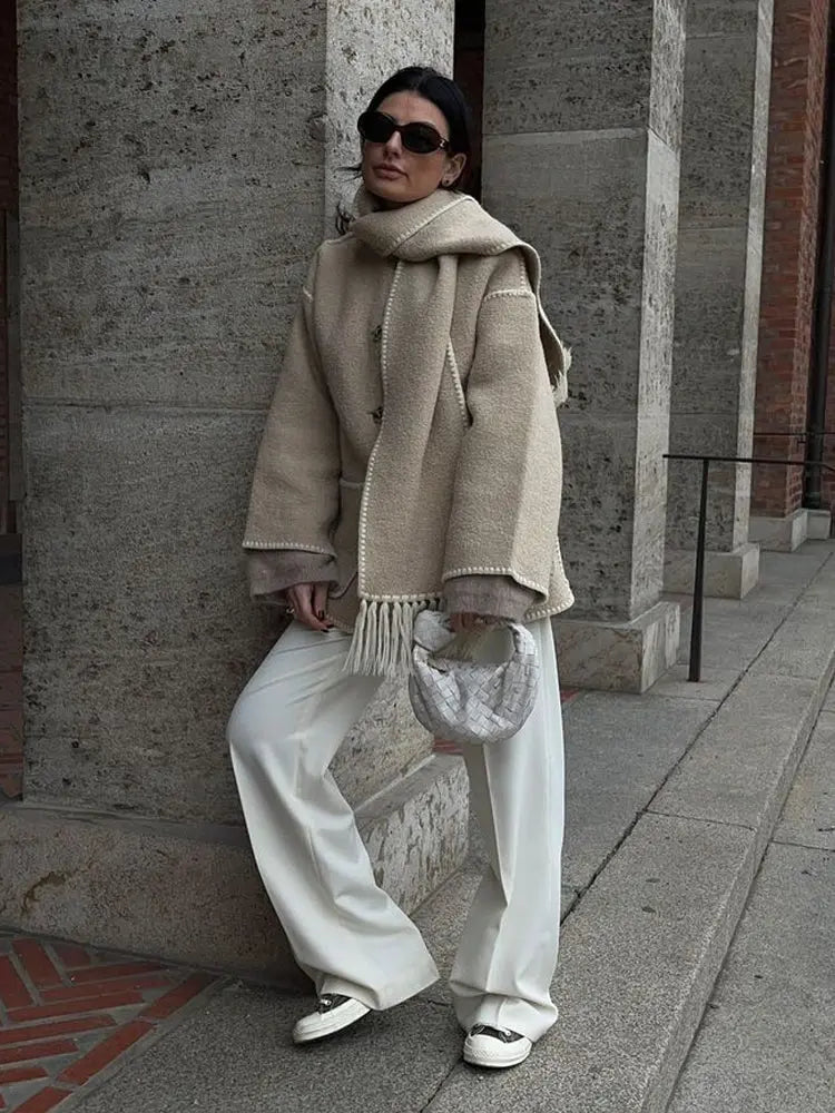 Dames Jas met Sjaalkraag | Herfst en Winter Jas | Wollook Met Zakken en Knopen
