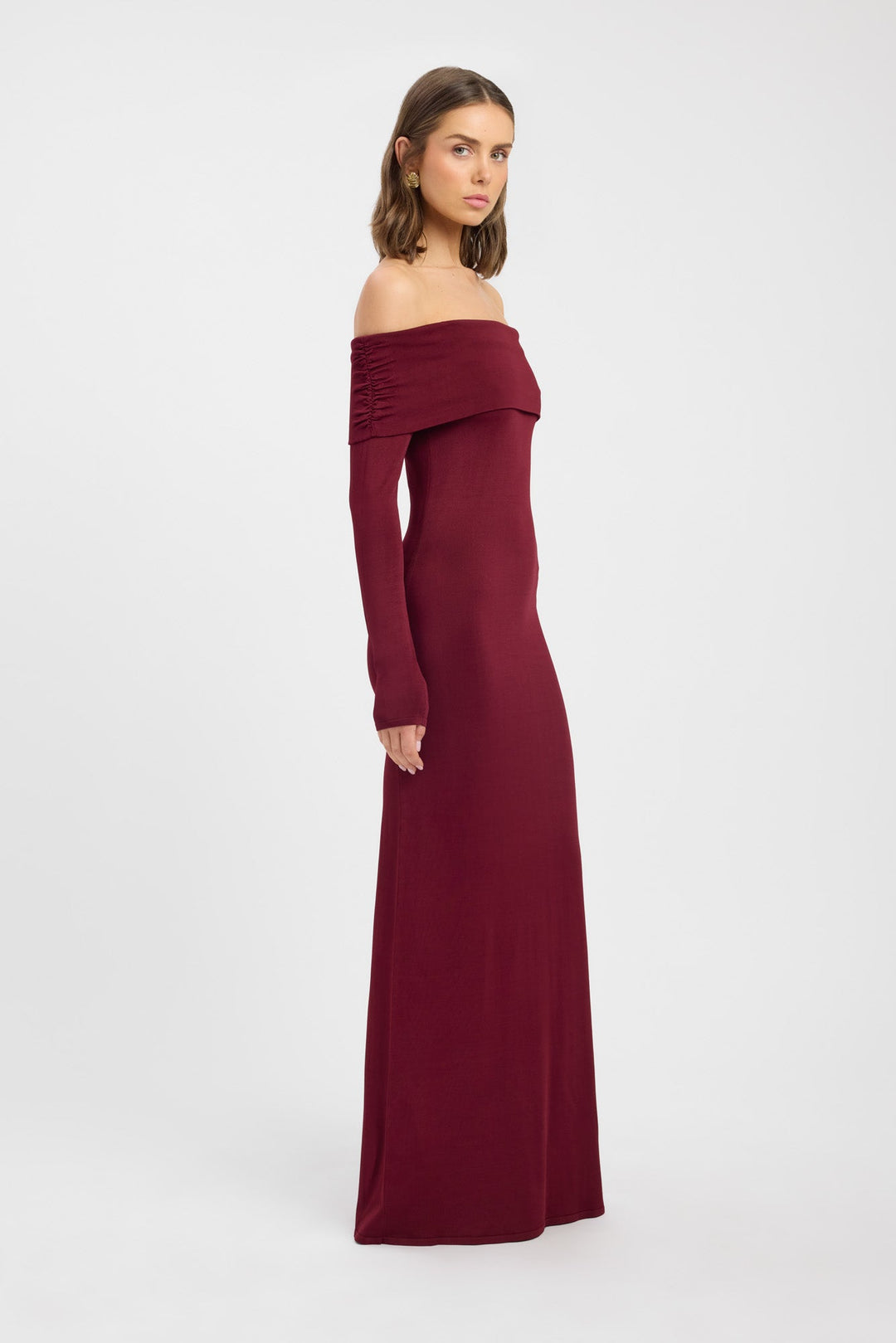 Dames | Off Shoulder Jurk | Lange Mouwen | Omslaghals | Strakke Pasvorm | Brei-Stof | Elegant