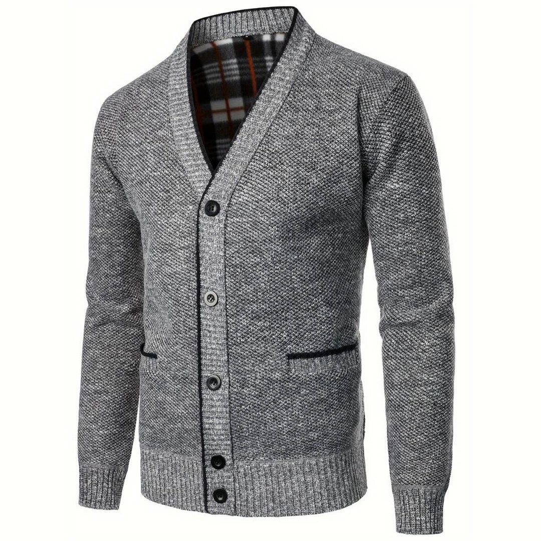 Heren V-hals Knopen Cardigan met Geruite Voering en Zijzakken