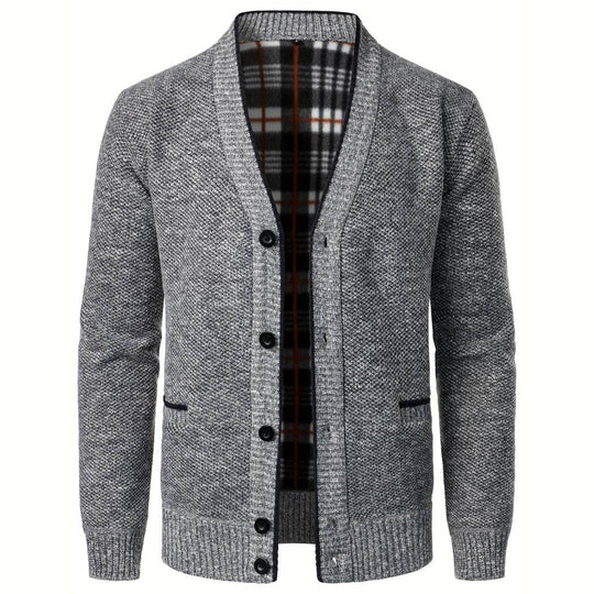 Heren V-hals Knopen Cardigan met Geruite Voering en Zijzakken