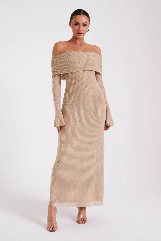 Luxe Off-Shoulder Maxi-jurk met Rhinestones – Elegant en Verfijnd