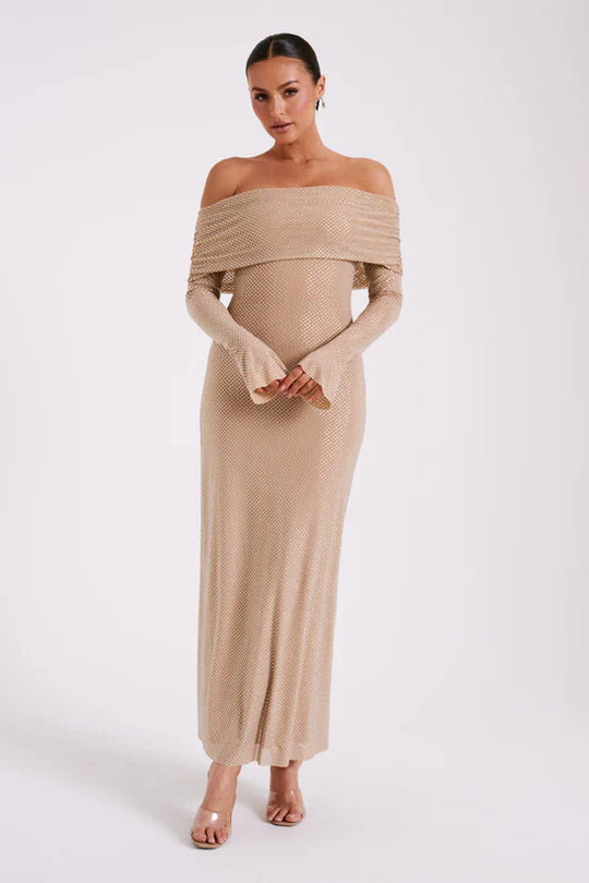Luxe Off-Shoulder Maxi-jurk met Rhinestones – Elegant en Verfijnd