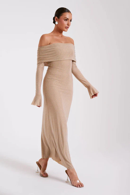 Luxe Off-Shoulder Maxi-jurk met Rhinestones – Elegant en Verfijnd