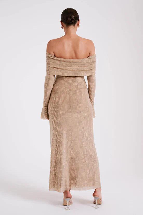 Luxe Off-Shoulder Maxi-jurk met Rhinestones – Elegant en Verfijnd