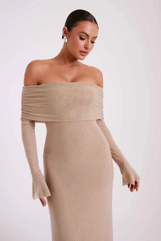 Luxe Off-Shoulder Maxi-jurk met Rhinestones – Elegant en Verfijnd