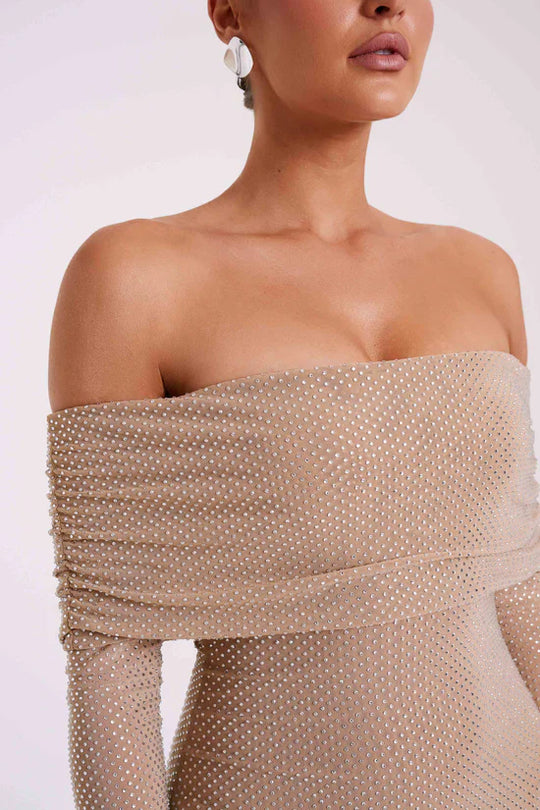 Luxe Off-Shoulder Maxi-jurk met Rhinestones – Elegant en Verfijnd
