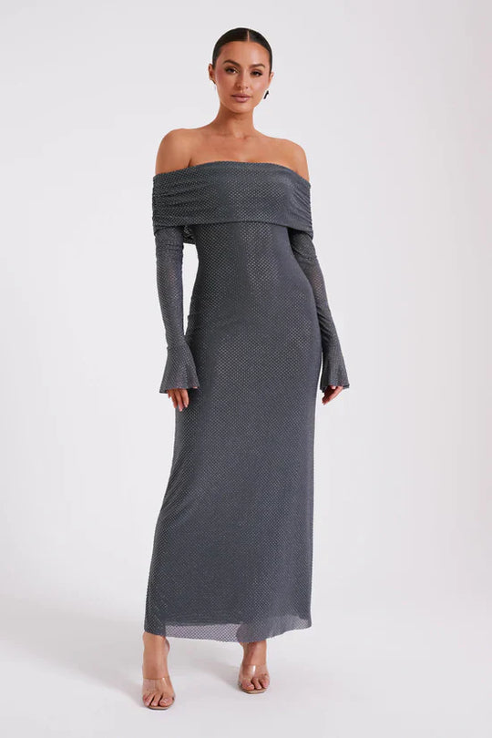 Luxe Off-Shoulder Maxi-jurk met Rhinestones – Elegant en Verfijnd