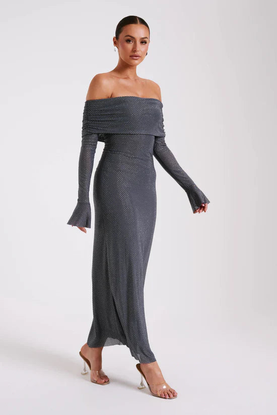 Luxe Off-Shoulder Maxi-jurk met Rhinestones – Elegant en Verfijnd