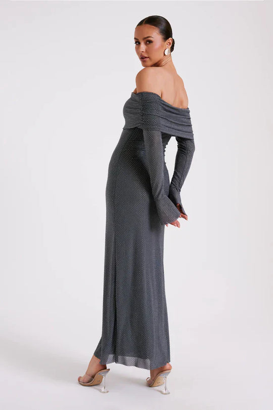 Luxe Off-Shoulder Maxi-jurk met Rhinestones – Elegant en Verfijnd