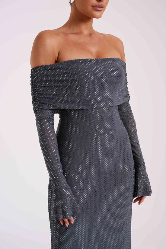 Luxe Off-Shoulder Maxi-jurk met Rhinestones – Elegant en Verfijnd