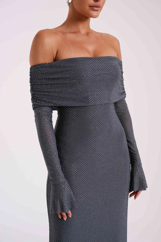 Luxe Off-Shoulder Maxi-jurk met Rhinestones – Elegant en Verfijnd
