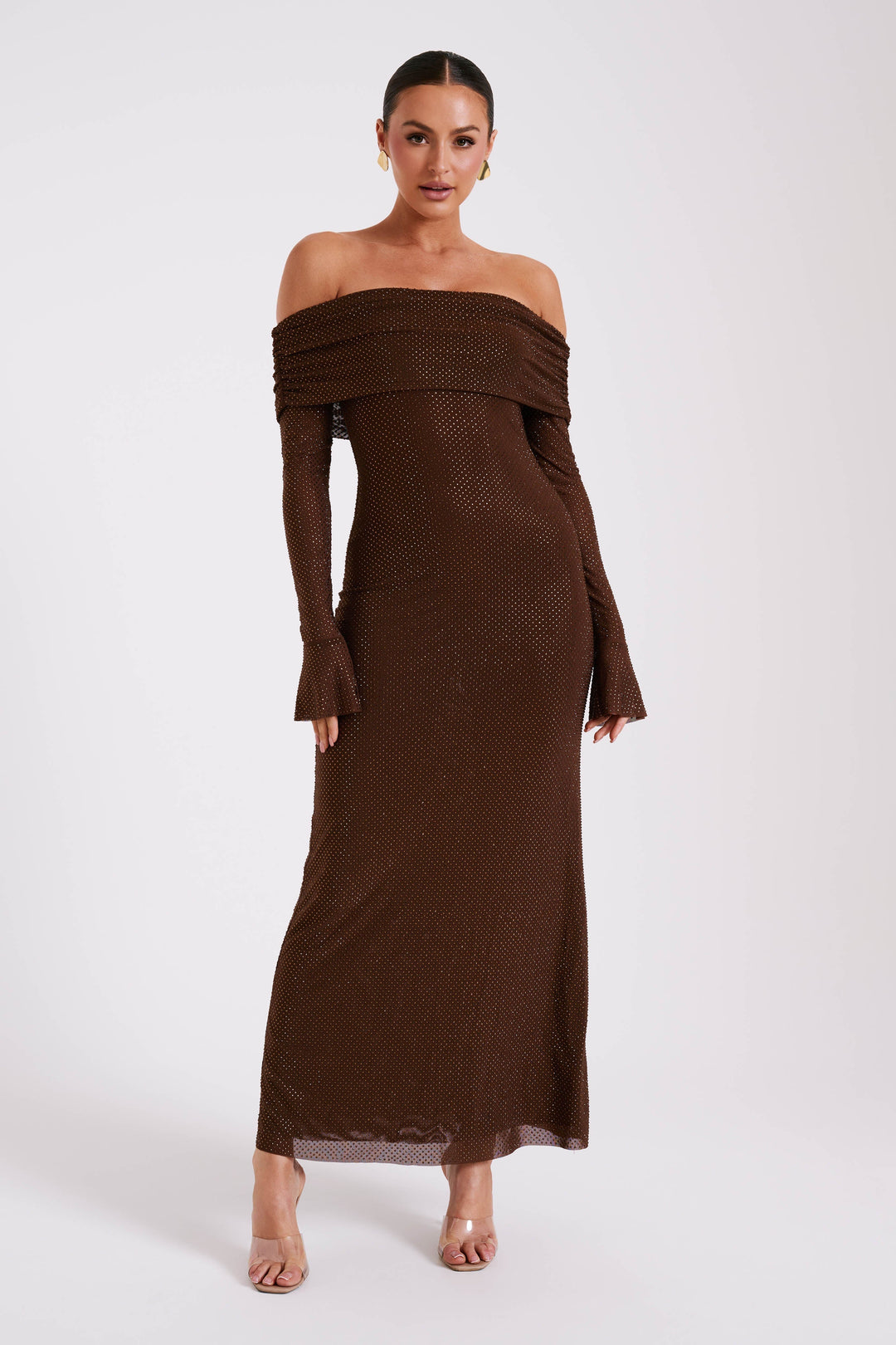 Luxe Off-Shoulder Maxi-jurk met Rhinestones – Elegant en Verfijnd