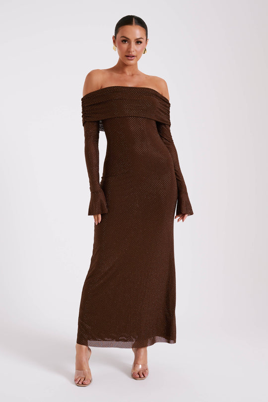 Luxe Off-Shoulder Maxi-jurk met Rhinestones – Elegant en Verfijnd